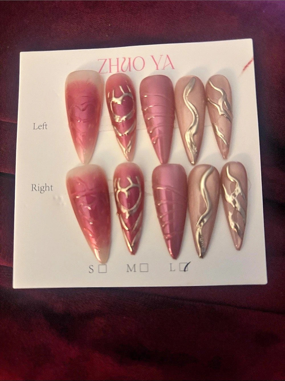 Zhuo Ya Pink Pearl & Metallic Accent & Hearts Press-On Nails